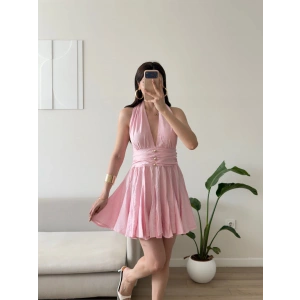 Boyun Bağlamalı Ön Düğme Keten Elbise - PEMBE