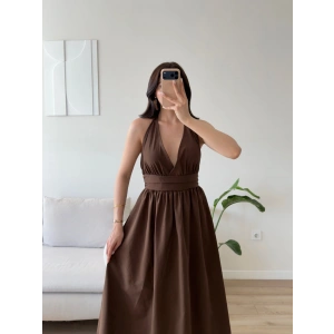 Boyun Bağlamalı Poplin Elbise - KAHVE