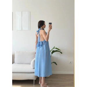 Boyun Bağlamalı Poplin Elbise - MAVİ