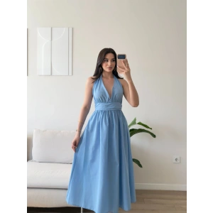 Boyun Bağlamalı Poplin Elbise - MAVİ