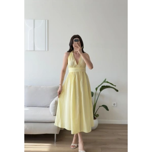 Boyun Bağlamalı Poplin Elbise - SARI