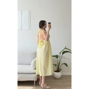 Boyun Bağlamalı Poplin Elbise - SARI