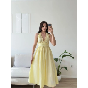 Boyun Bağlamalı Poplin Elbise - SARI