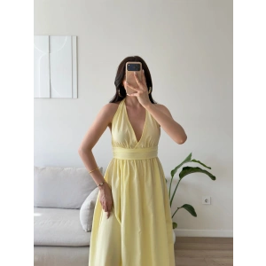 Boyun Bağlamalı Poplin Elbise - SARI