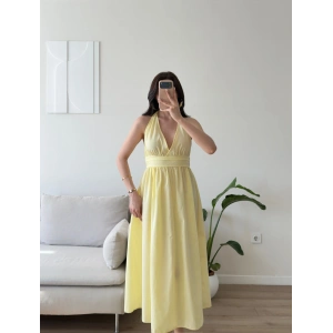 Boyun Bağlamalı Poplin Elbise - SARI