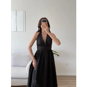 Boyun Bağlamalı Poplin Elbise - SİYAH
