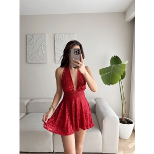 Pul Payetli Halter Elbise - KIRMIZI