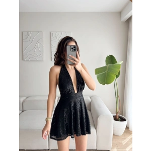 Pul Payetli Halter Elbise - SİYAH