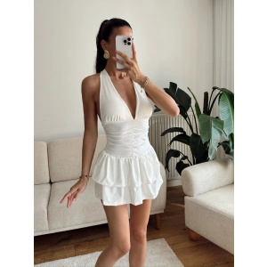 Boyun Bağlamalı Şortlu Elbise - BEYAZ