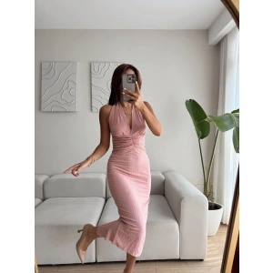 Boyun Bağlamalı Yırtmaçlı Elbise - PEMBE