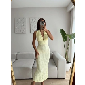 Boyun Bağlamalı Gofre Elbise - SARI