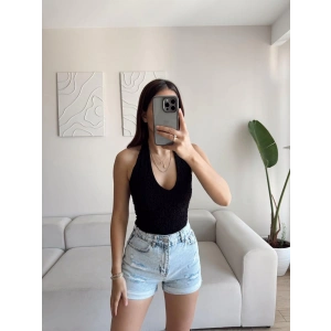 Boyun Geçmeli Dantel Crop - SİYAH