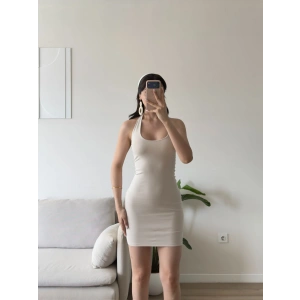 Boyun Geçmeli Mini Elbise - BEJ