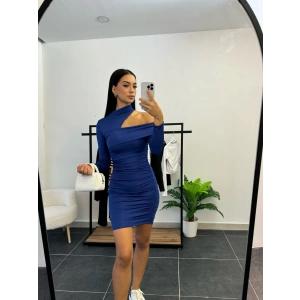 Boyun Geçmeli Tek Omuz Büzgülü Elbise - SAKS MAVİSİ