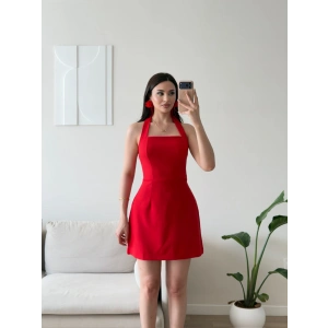 Boyundan Askılı Kare Mini Elbise - KIRMIZI