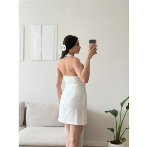 Boyundan Askılı Kare Mini Elbise - BEYAZ