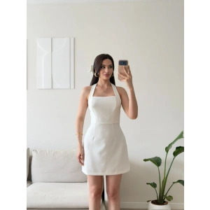 Boyundan Askılı Kare Mini Elbise - BEYAZ