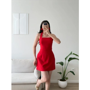 Boyundan Askılı Kare Mini Elbise - KIRMIZI