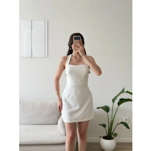 Boyundan Askılı Kare Mini Elbise - BEYAZ