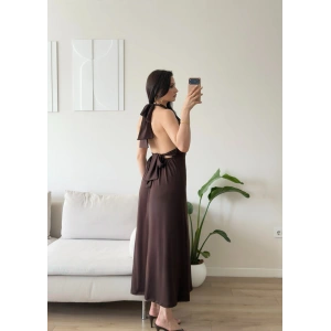 Boyundan Bağlamalı Yırtmaçlı Long Elbise - KAHVE