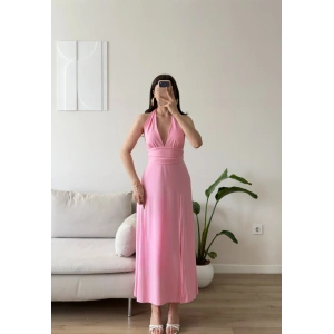 Boyundan Bağlamalı Yırtmaçlı Long Elbise - PEMBE