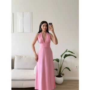Boyundan Bağlamalı Yırtmaçlı Long Elbise - PEMBE