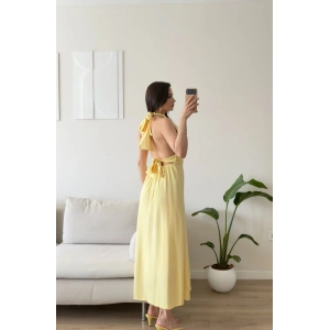 Boyundan Bağlamalı Yırtmaçlı Long Elbise - SARI