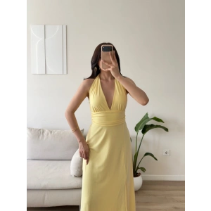 Boyundan Bağlamalı Yırtmaçlı Long Elbise - SARI