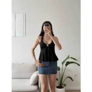 Boyundan Geçmeli Aksesuar Crop - SİYAH