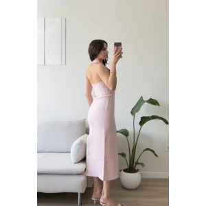 Boyundan Geçmeli Kare Yaka Elbise - PEMBE
