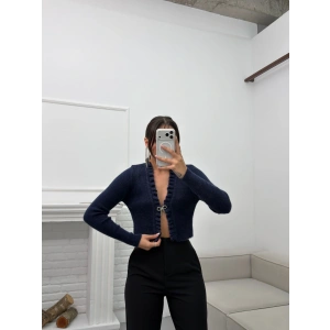 Broşlu Triko Crop Hırka - LACİVERT