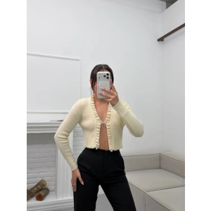 Broşlu Triko Crop Hırka - EKRU