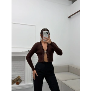 Broşlu Triko Crop Hırka - KAHVE