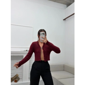 Broşlu Triko Crop Hırka - BORDO