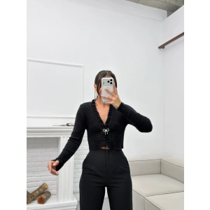 Broşlu Triko Crop Hırka - SİYAH