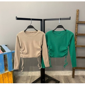 Büzgülü Kaşkorse Crop Bluz-VİZON