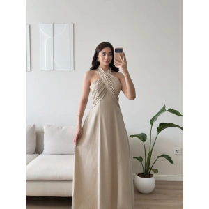 Çapraz Bağlamalı Premium Elbise - BEJ