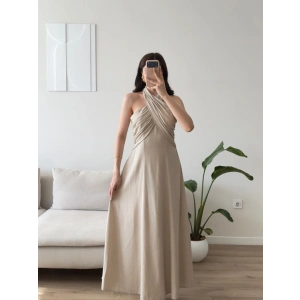 Çapraz Bağlamalı Premium Elbise - BEJ