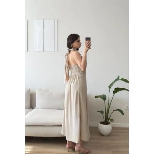 Çapraz Bağlamalı Premium Elbise - BEJ