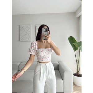 Çiçek Baskı Kare Yaka Crop