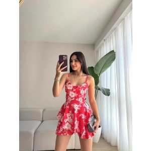 Çiçek Desen Askılı Elbise-KIRMIZI