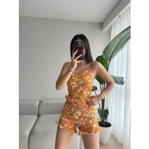 Çiçek Desen Askılı Şortlu Takım-TURUNCU