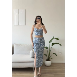 Çiçek Desen Crop Etekli Takım - MAVİ