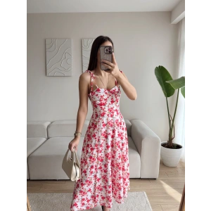 Çiçek Desen Omuz Bağlamalı Elbise - KIRMIZI