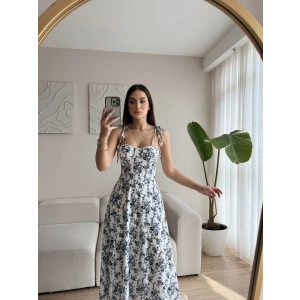 Çiçek Desen Omuz Bağlamalı Elbise - SİYAH