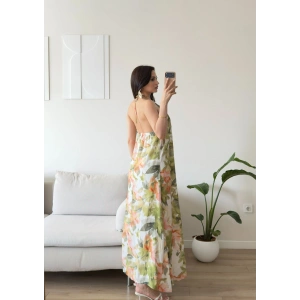 Çiçek Desen Sırt Dekolte Elbise - HAKİ
