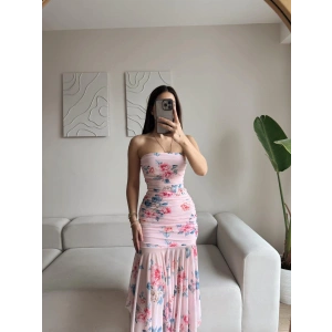 Çiçek Desen Straplez Tül Elbise - PEMBE