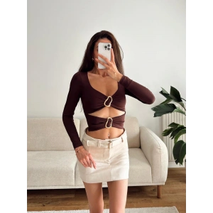 Çift Aksesuar Crop Bluz - KAHVE