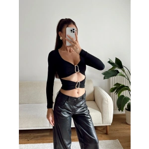 Çift Aksesuar Crop Bluz - SİYAH