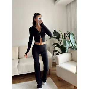 Çift Fermuar Crop & Pantolon Takım - SİYAH